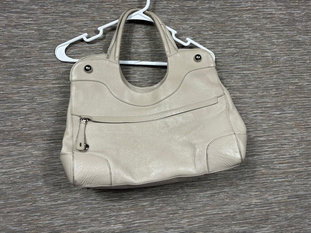 Furla Satchel Bag Womens Large Beige Pebbled Leather Top Handle Shoulder Purse